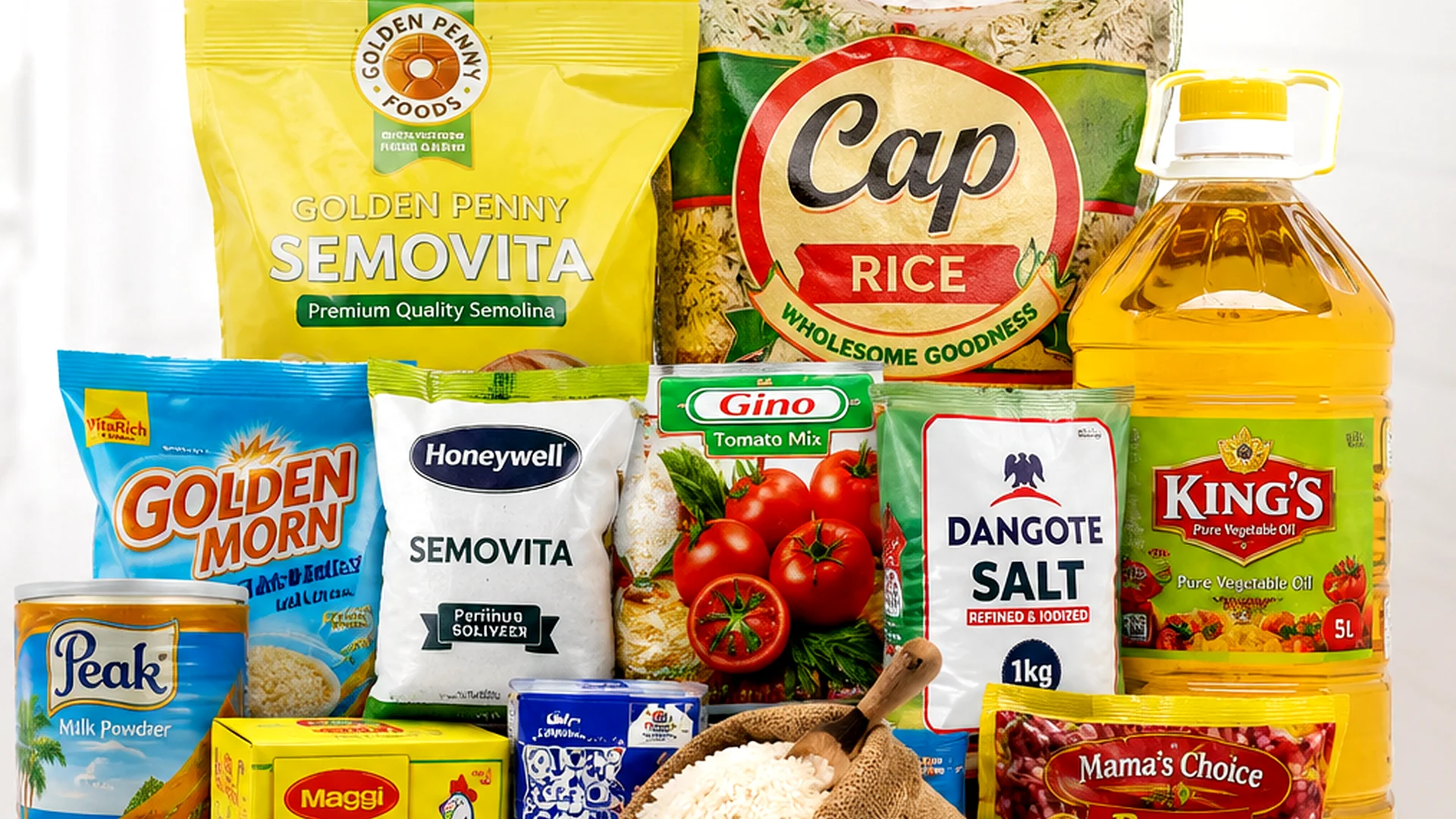 Packed rice, semolina, vegetable oil and Nigerian provisions